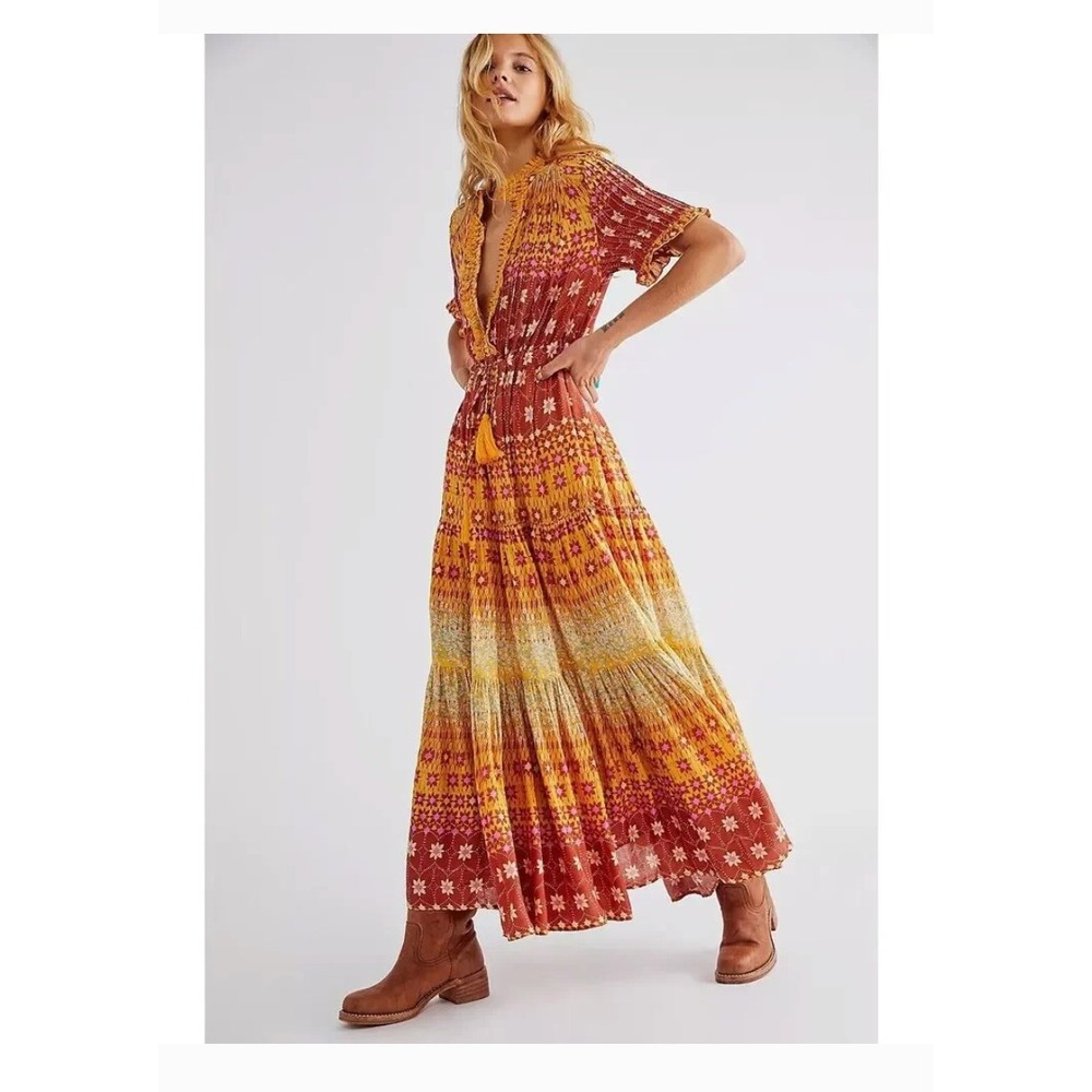 Free People Rare Feelings Maxi Dress S Red Yellow Boho Floral Summer Festival
